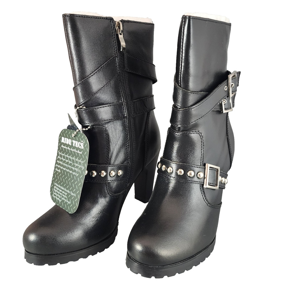 Ride Tecs 8545 Women Three Buckle Biker Boot Size 6M Black Leather Zipper